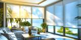 Large automatic solar shades cover living room windows with sofas and palm trees. Concept Home decor, Solar shades, Living room design, Interior design, Window treatments