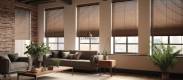 Creating a comfortable furniture setting with wooden window shades.