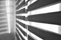 Sun shining through window blinds throwing shadows on the wall in black and white